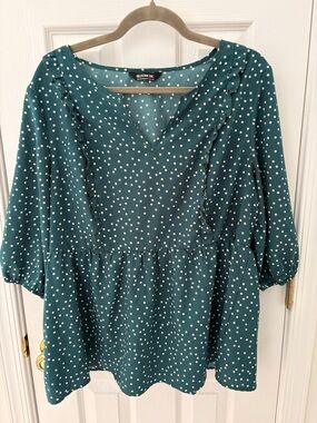 BloomChic Teal Polka Dot V-Neck Peplum Tunic
